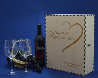 Personalized Wine Box with 2 Keepsake Drawers and 2 Personalized 16 Oz Crystal Wine Glasses