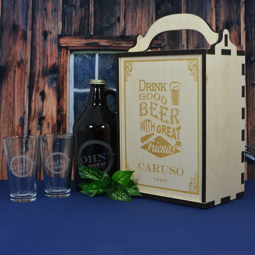 Personalized Wood Beer Growler Gift Box Set With Growler and 2 Pints or