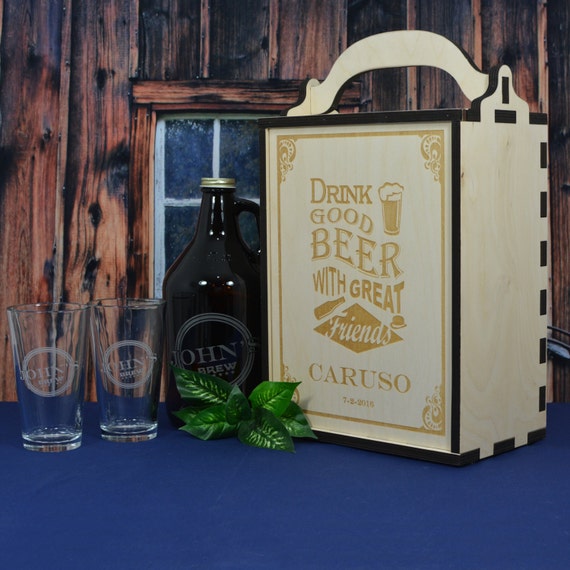 Personalized Wood Beer Growler Gift Box Set with 2 Pint or Belgian Tulip Glasses for the Wedding Couple