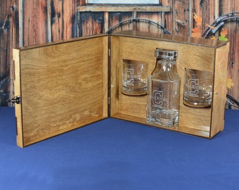 Personalized Whiskey Box with Decanter and 2 Crystal Rocks Glasses