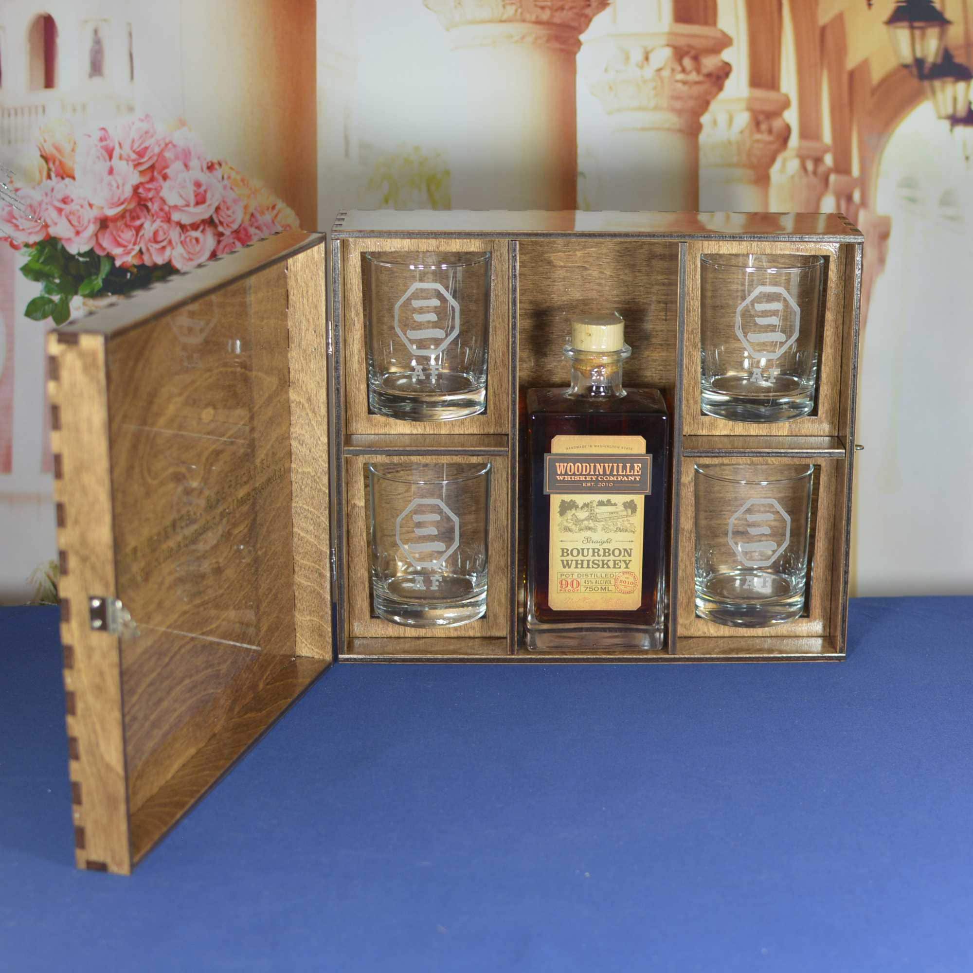 Personalized Whiskey Spirits Liquor Box with 4 Custom Etched Glasses