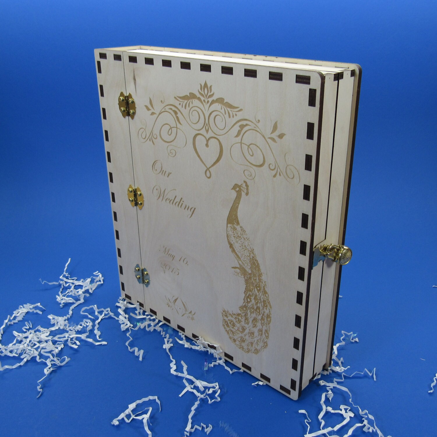 Personalized Wood Wedding Photo Album with Mini Padlock and 2 Keys 8.5x11 for the Couple