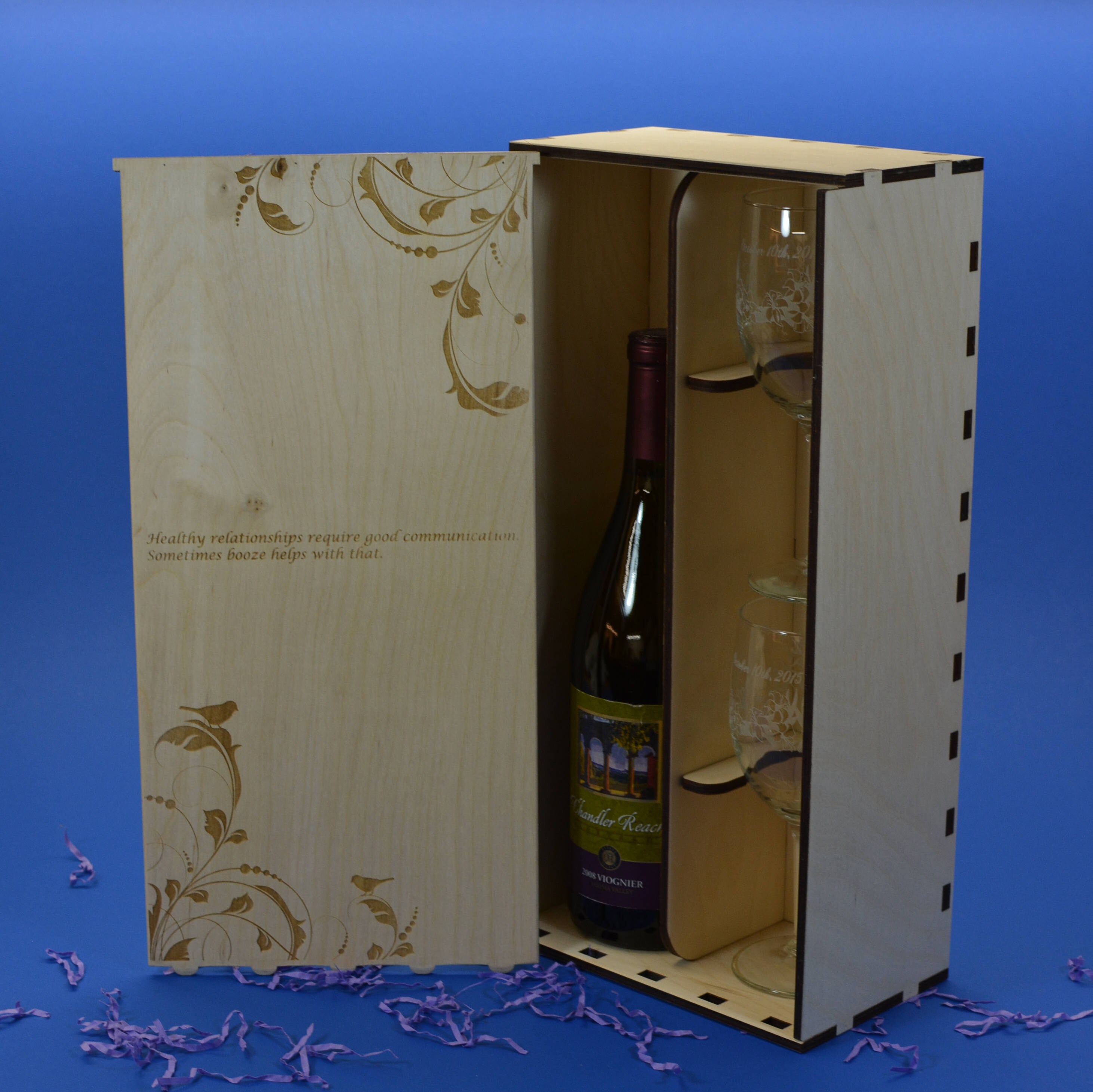 Personalized Wedding Wine Gift Box Set with 2 Custom Etched Wine Glasses