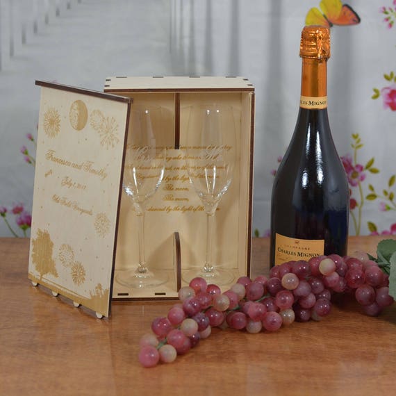 Personalized Wood Wedding Champagne Flute Gift Box with 2 Custom Etched Crystal Flutes