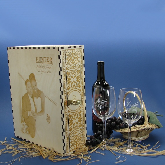 Wedding Ceremony Wood Wine Box Set with Padlock & Keys and 2 Personalized Crystal Wine Glasses