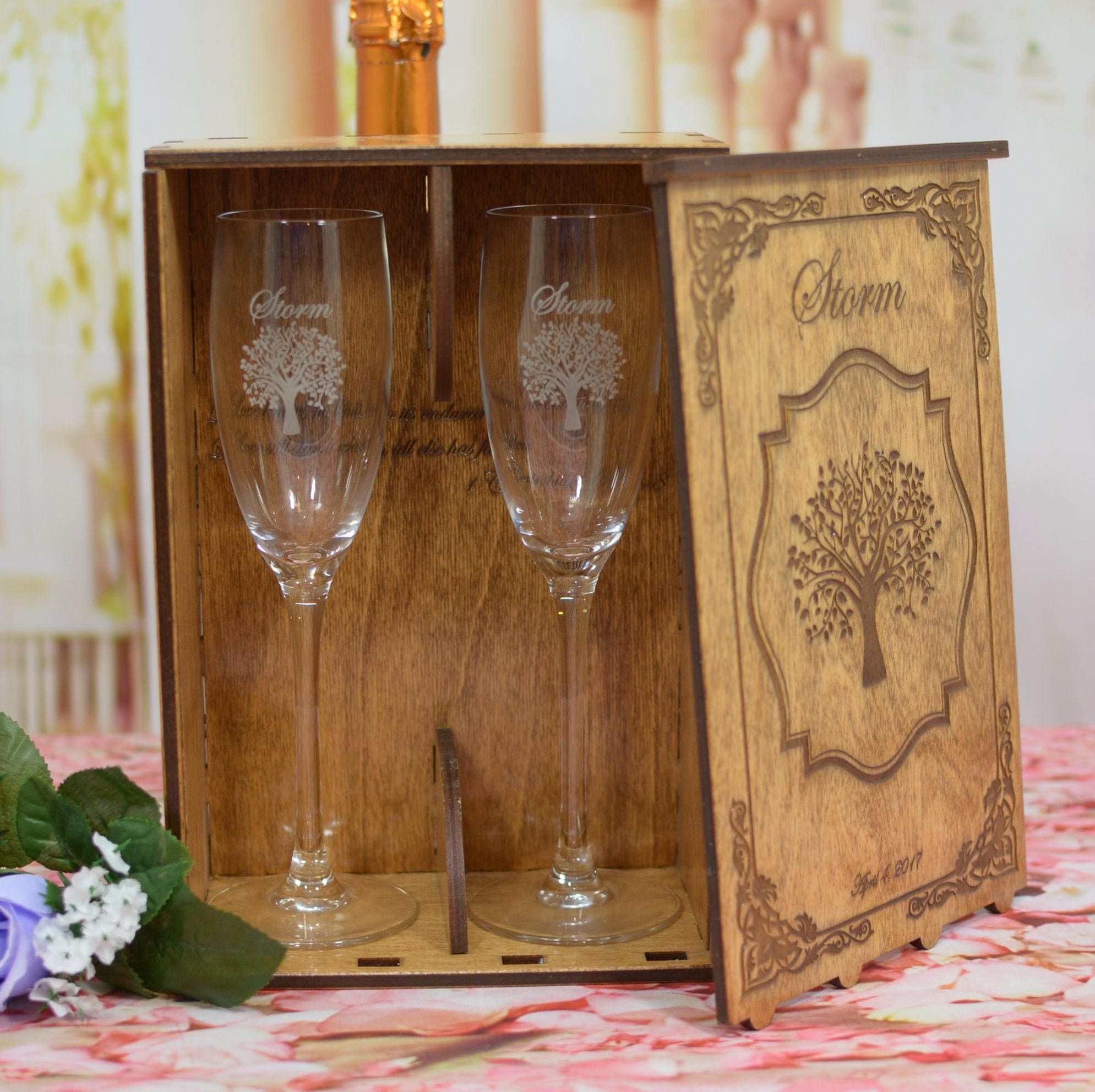 Personalized Wood Wedding Champagne Flute Gift Box with 2 Custom Etched