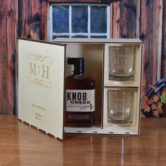 Personalized Wood Whiskey Liquor Gift Box with 2 Personalized Glasses
