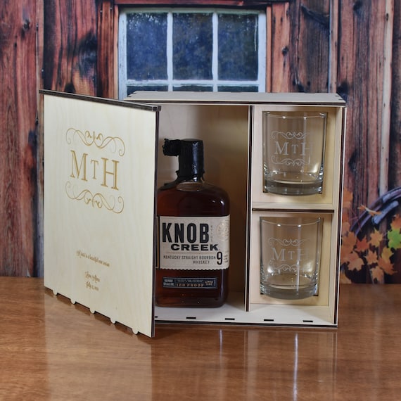 Personalized Wood Whiskey Liquor Gift Box with 2 Personalized Glasses