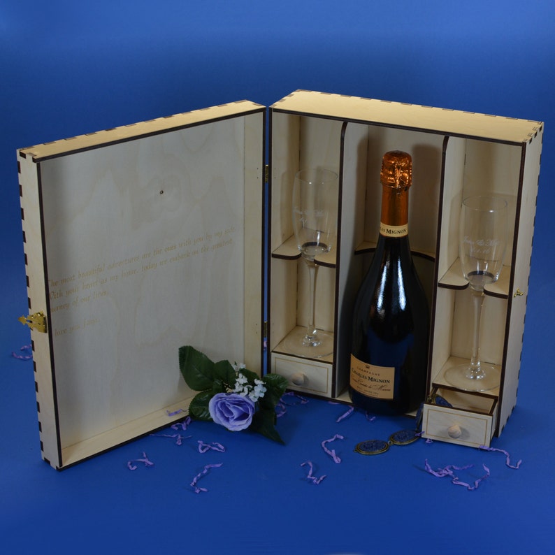 Wedding Champagne Box Set with 2 Keepsake Drawers and 2 Custom Etched Crystal Flutes image 1