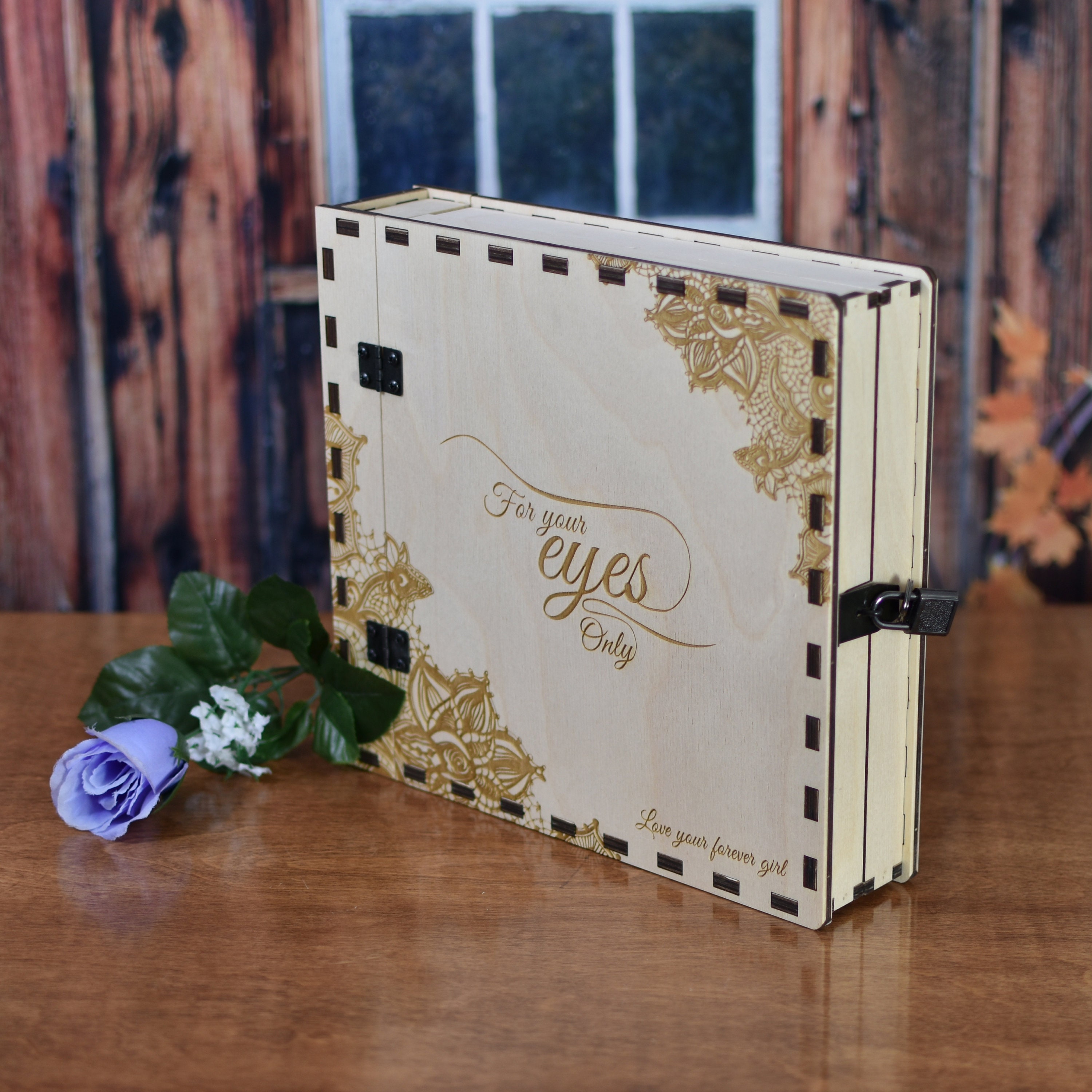 Personalized Wood Boudoir Album with Mini Padlock 8x8 for the Bride