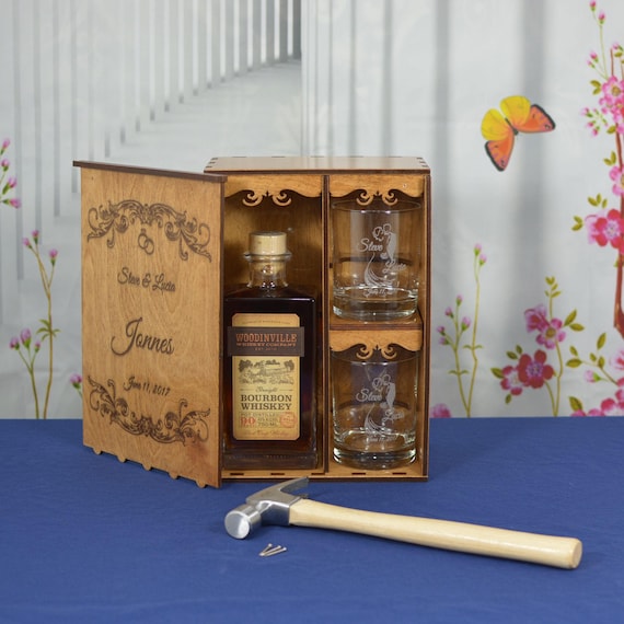 Personalized Wedding Ceremony Spirits Box with 2 Personalized Glasses