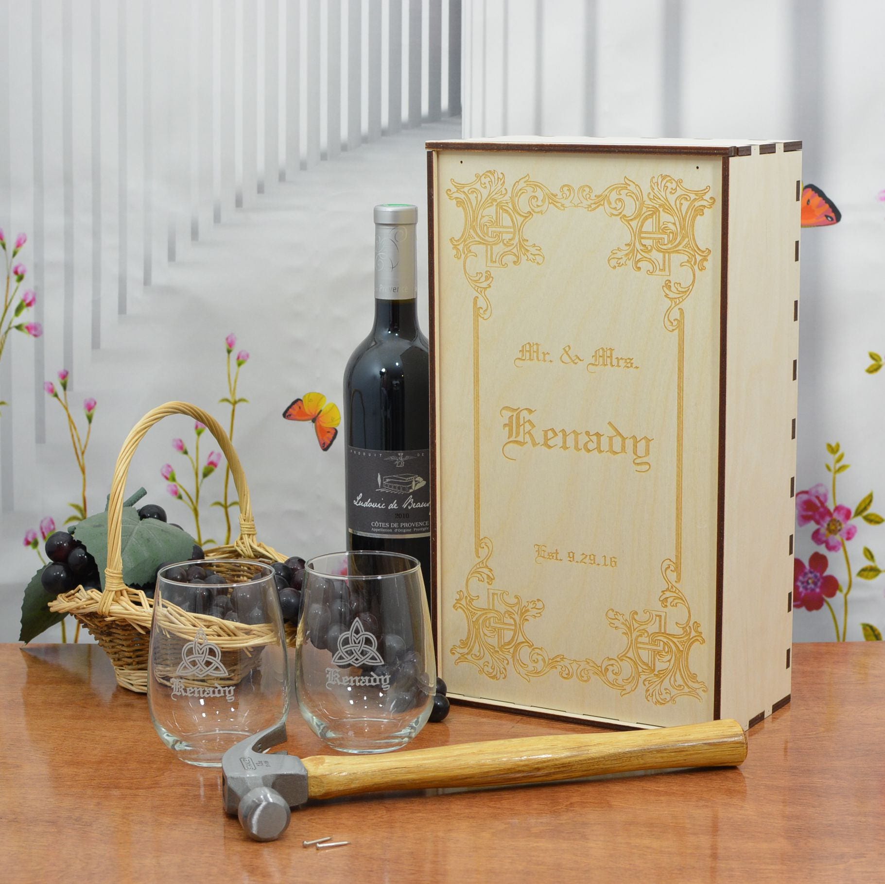 Personalized Wedding Ceremony Wine Box with 2 Stemless Wine Glasses