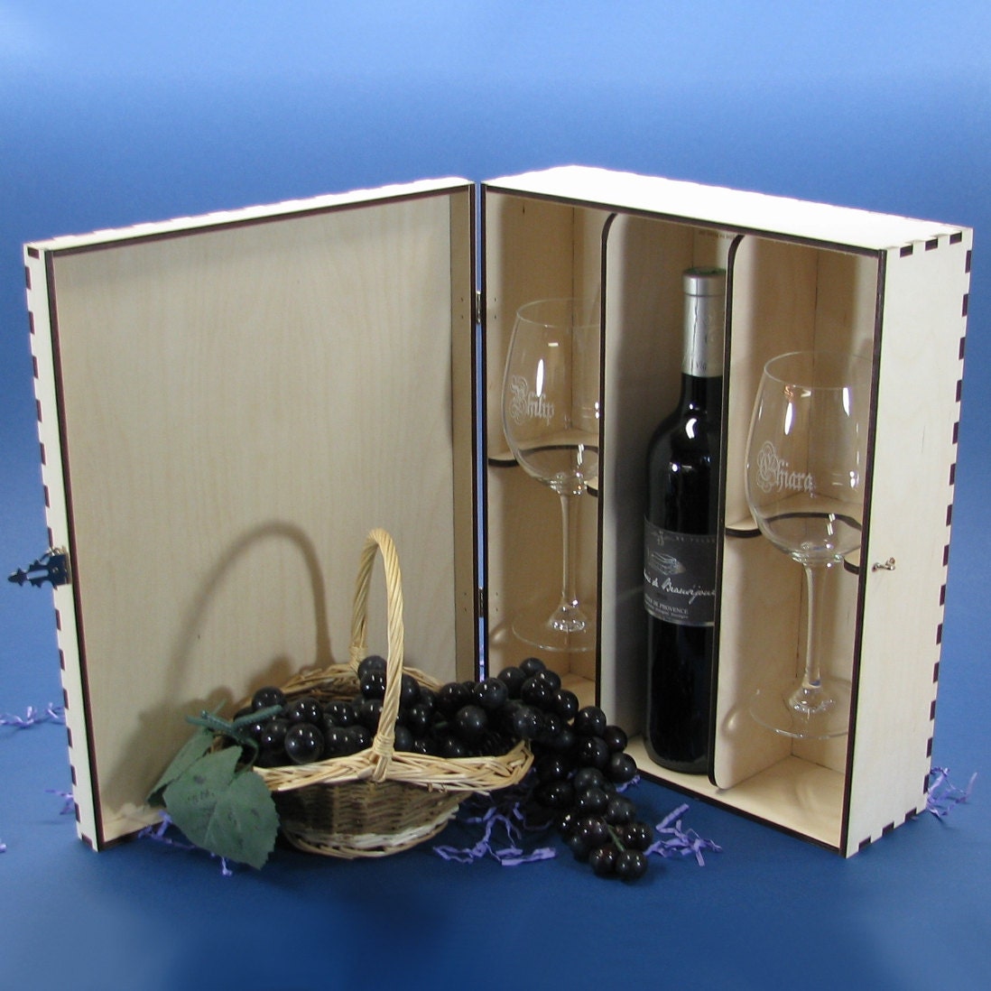 Personalized Wood Wine Box Set with 2 Custom Crystal Wine Glasses
