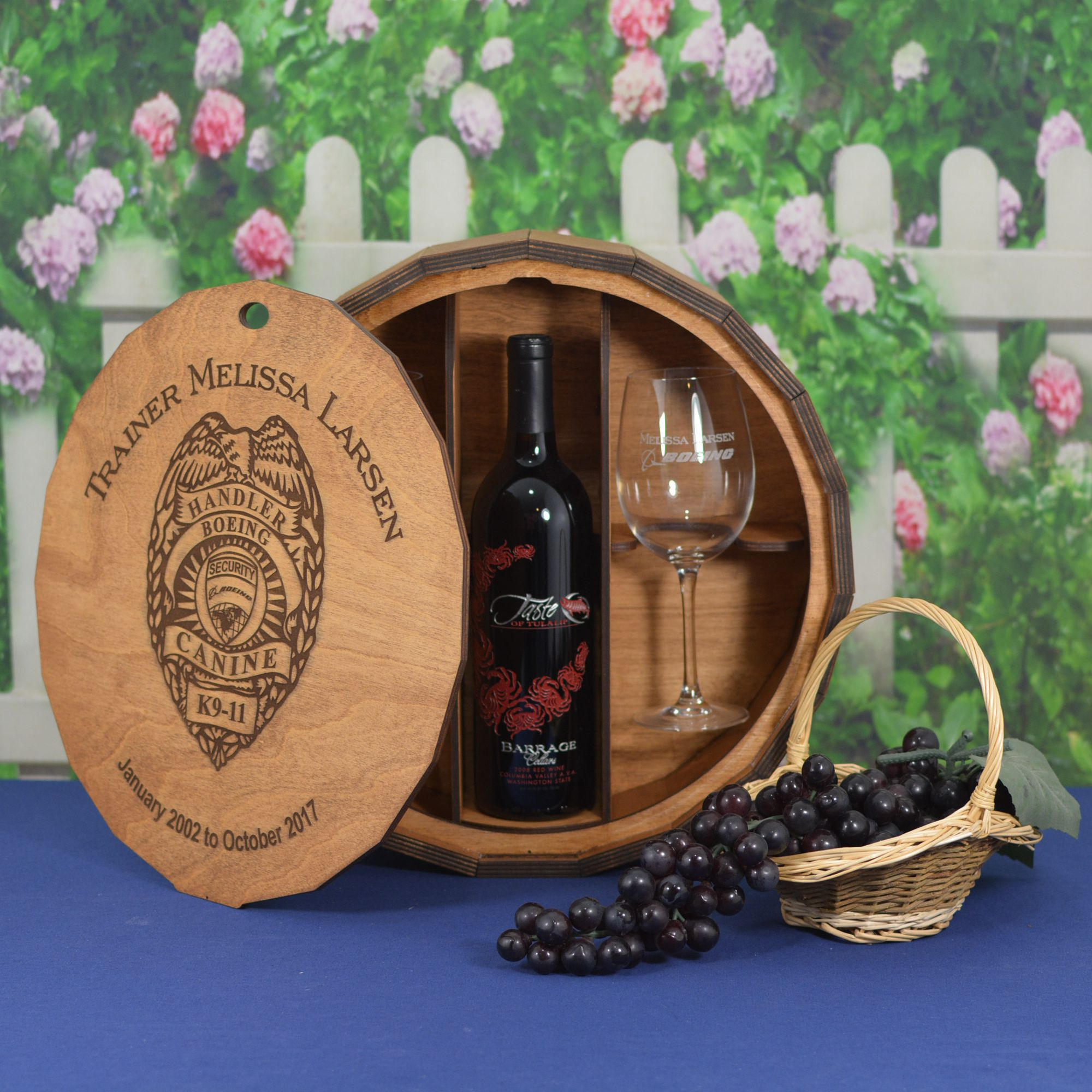 Wine Barrel Box with 2 Personalized Crystal Wine Glasses