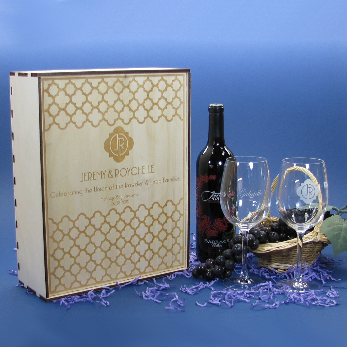 Wood Wine Gift Box Set With 2 Crystal Wine Glasses Personalized by