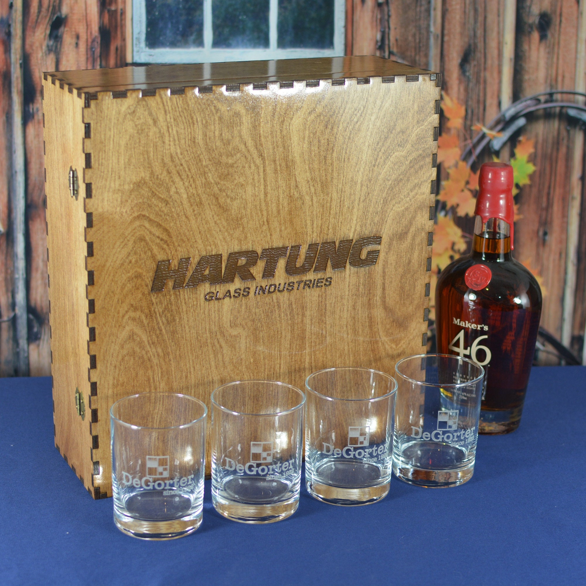 Personalized Whiskey Spirits Liquor Box with 4 Custom Etched Glasses