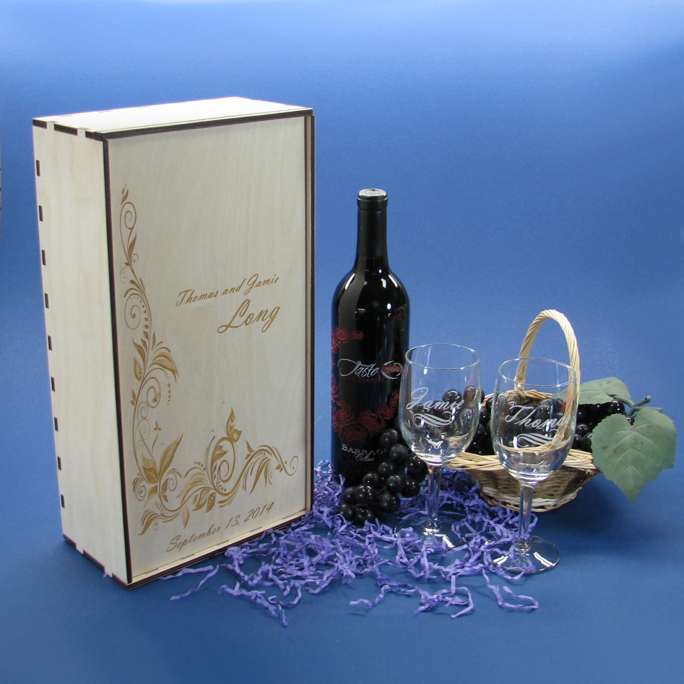 Personalized Wine Box with 2 Custom Wine Glasses