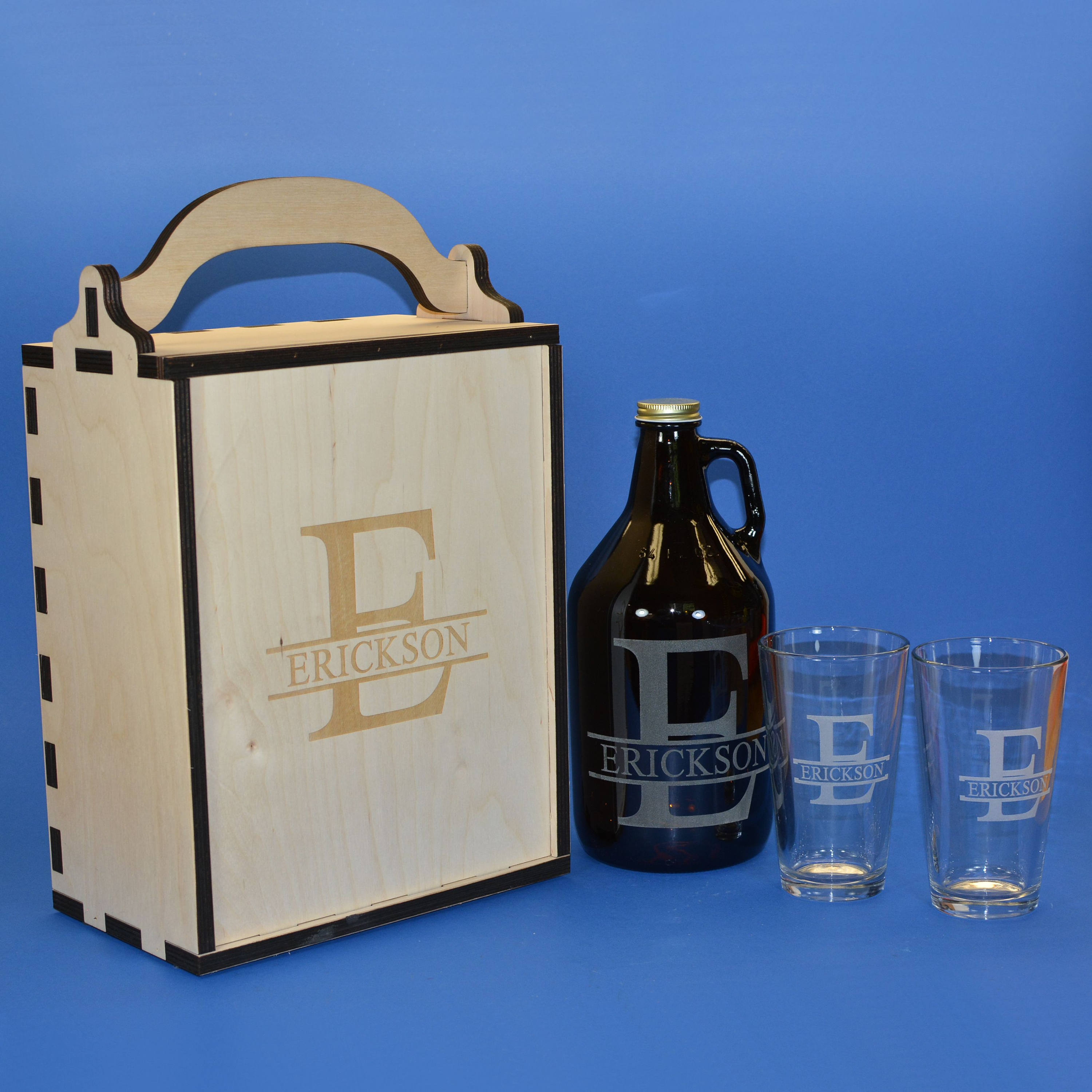 Personalized Wood Beer Growler Gift Box Set with 2 Pint or Belgian