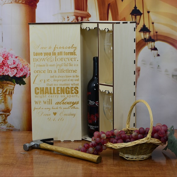 Personalized Wedding Ceremony Wine Box with 2 Custom Glasses