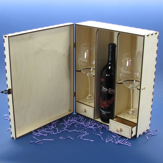 Ceremony Wine Box with 2 Keepsake Drawers, 2 Personalized 16 Oz Crystal Wine Glasses and Padlock and 2 Keys