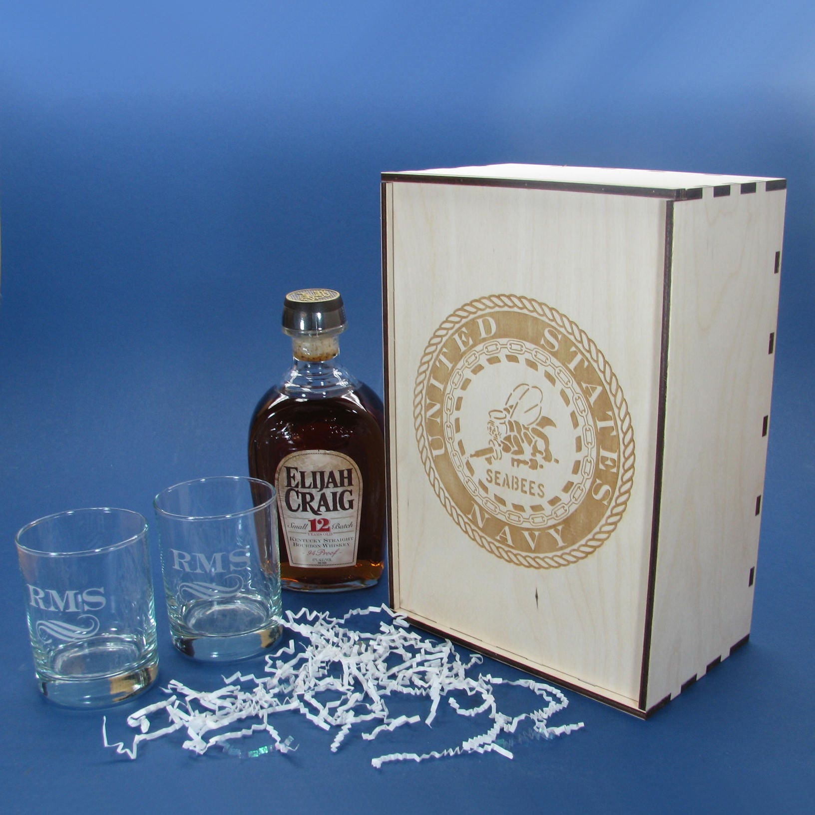 Personalized Wood Whiskey Liquor Gift Box with 2 Personalized Glasses