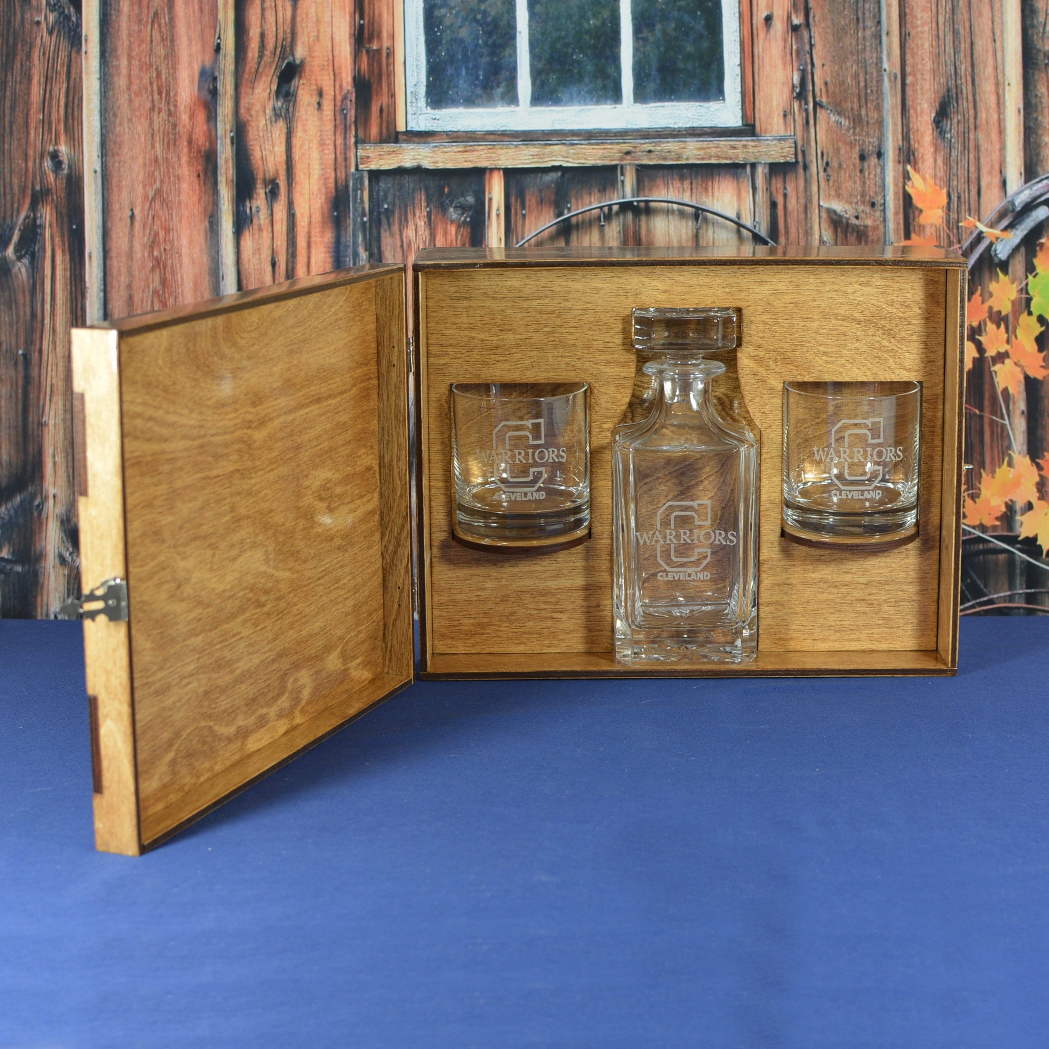 Personalized Whiskey Box with Decanter and 2 Crystal Rocks Glasses