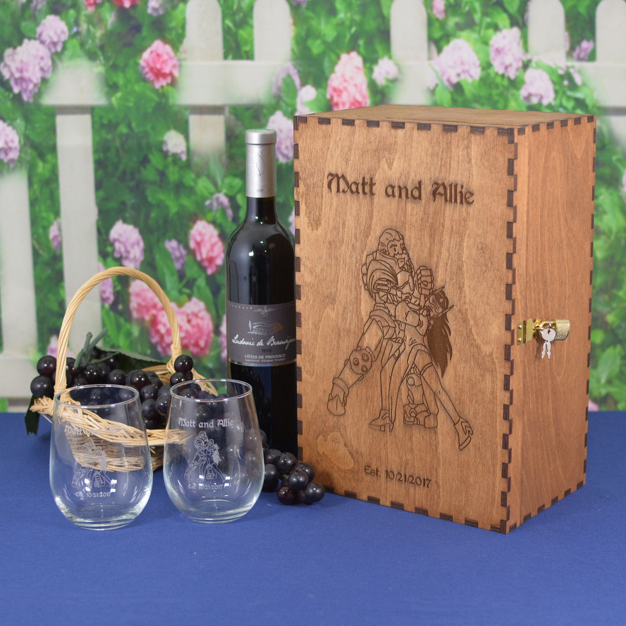 Personalized Wine Box with 2 Personalized Stemless Wine Glasses and 4