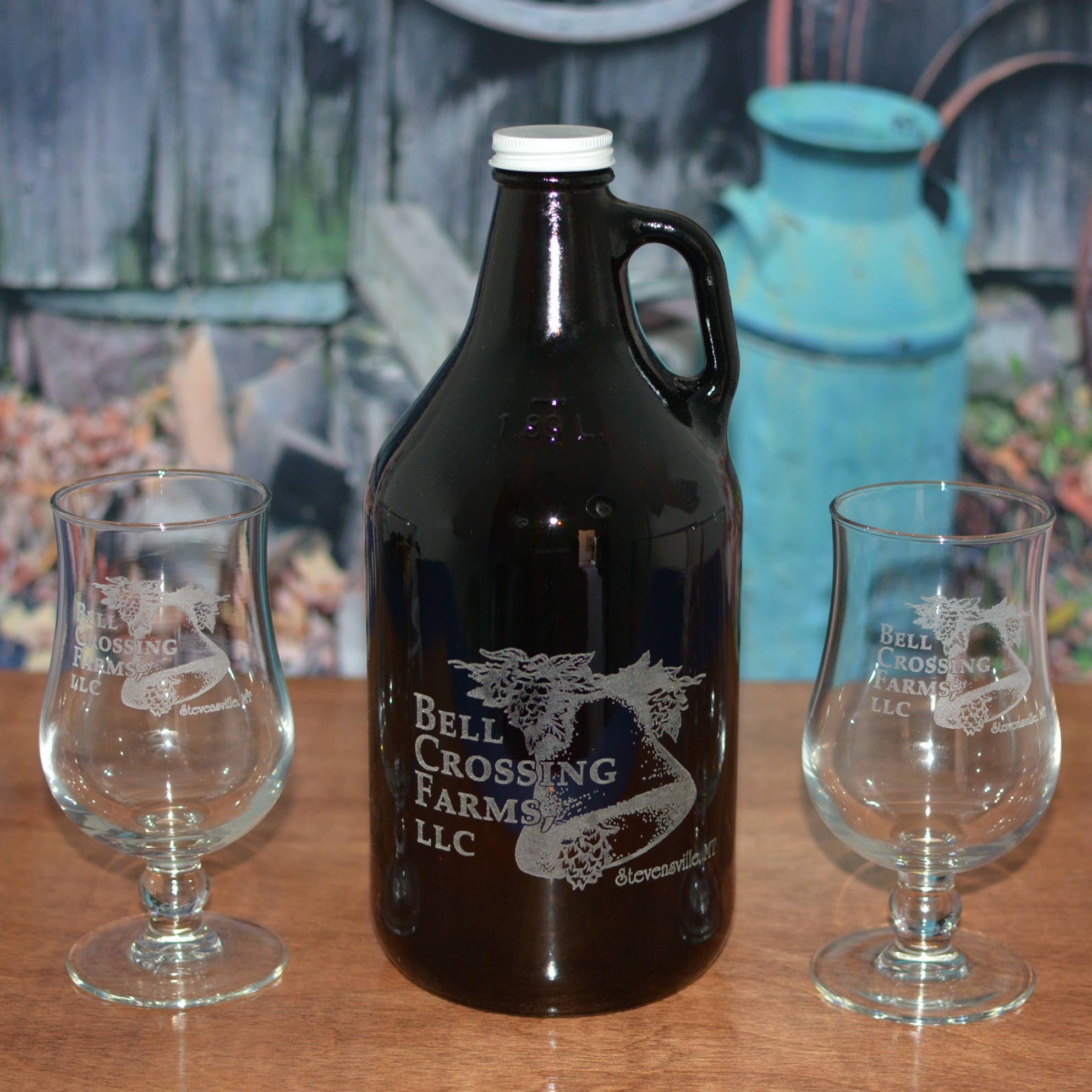 Personalized Beer Growler with 2 Pints or 2 Belgian Tulip Glasses