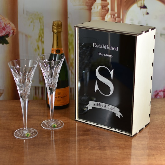Custom Name Glass Champagne Flutes — White Confetti Box