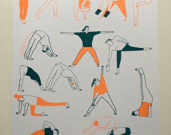 May include: A digital illustration of 12 people in various yoga poses. The people are drawn in a simple, cartoon style with orange and green outlines. The background is white.