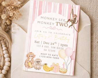 Op de afbeelding: Een verjaardagsuitnodiging met een aquarelontwerp. De uitnodiging bevat de tekst "MONKEY SEE MONKEY TWO" en details voor een tweede verjaardag. Het ontwerp bevat illustraties van apen, bananen en ballonnen.
