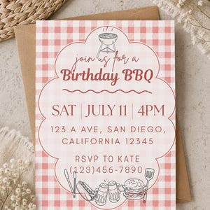 May include: A pink and white gingham patterned invitation for a birthday BBQ. The invitation features the text "join us for a Birthday BBQ" and event details. Includes illustrations of a grill, hot dogs, burgers, and beer.
