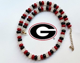 Black White & Red Gemstone Necklace - Crystal Beaded Jewelry - Handmade Gift for Her – Layering Necklace - UGA - Texas Tech - Bama - SDState