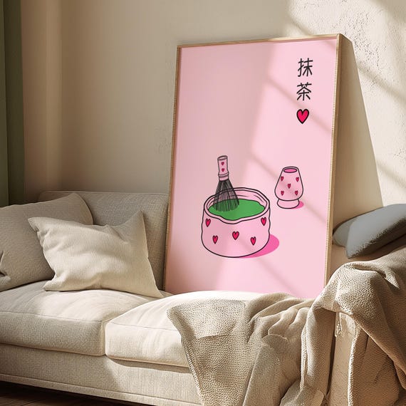 Pink Matcha Print, Japanese Wall Art, Green Tea Poster, Girly Coffee Bar Print, Cute Coffee Poster, Minimalist Cafe Wall Art, Digital Print
