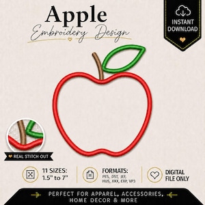 Puede incluir: Un diseño de bordado digital de una manzana roja con una hoja verde y un tallo marrón. El diseño está delineado con una puntada roja. El texto dice "Apple Embroidery Design" y "Instant Download". Disponible en 11 tamaños, de 3,8 cm a 17,8 cm.