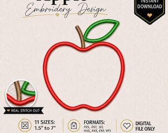 Apple Embroidery Design, Apple Outline Machine Embroidery File, Teacher Back to School Embroidery, Fruit Embroidery Design