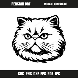 Puede incluir: Ilustración en blanco y negro de la cara de un gato persa. El gato tiene una apariencia esponjosa con pelaje detallado, bigotes y ojos grandes. El texto "PERSIAN CAT" y "INSTANT DOWNLOAD" están en la parte superior.