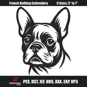 French Bulldog Embroidery Design, Dog Machine Embroidery File, Instant Download, 9 Sizes Included, Custom Digitizing Available