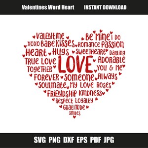 May include: A red heart-shaped graphic with the word "LOVE" in the center, surrounded by words like "Valentine," "Kisses," and "Forever." The image includes the text "Valentines Word Heart" and "INSTANT DOWNLOAD."