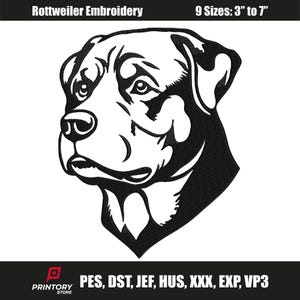 Puede incluir: Diseño de bordado de Rottweiler en blanco y negro. Disponible en 9 tamaños, de 7,6 cm a 17,8 cm. La imagen incluye el texto "Rottweiler Embroidery" y formatos de archivo: PES, DST, JEF, HUS, XXX, EXP, VP3.