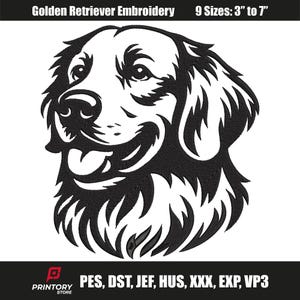 Puede incluir: Diseño de bordado de Golden Retriever en blanco y negro. La imagen presenta un contorno detallado de la cara sonriente de un perro. El texto en la parte superior dice "Golden Retriever Embroidery" y "9 tamaños: 7,6 cm a 17,8 cm". La parte inferior de la imagen incluye tipos de archivos.