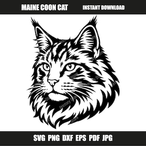 Puede incluir: Ilustración en blanco y negro de la cabeza de un gato Maine Coon. La imagen presenta patrones de pelaje detallados y el texto "MAINE COON CAT" y "INSTANT DOWNLOAD" en la parte superior. En la parte inferior, opciones de formato de archivo: SVG, PNG, DXF, EPS, PDF y JPG.