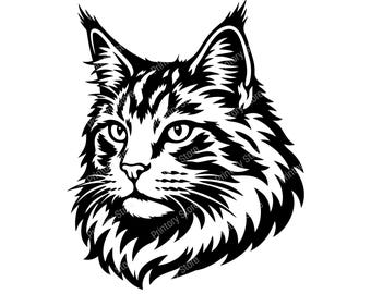 Maine Coon SVG Cut File, Cat Portrait Line Art, Maine Coon Face Outline, Cat Head SVG