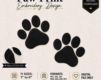 Paw Print Embroidery Design, Dog Cat Paw Machine Embroidery File, Pet Lover Animal Footprint Stitch Pattern