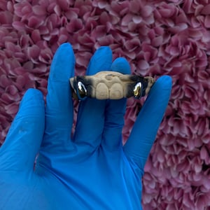 May include: A set of custom-made gold and silver teeth grillz. The grillz are held by a gloved hand against a backdrop of pink flowers. The grillz have a silver finish on the front teeth and a gold finish on the side teeth.