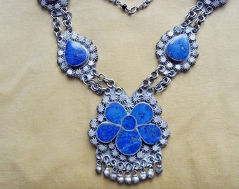 Vintage BOHO Blue LAPIS Lazuli Inlaid Necklace
