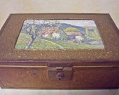 Vintage wood lined Metal Box with Mirror