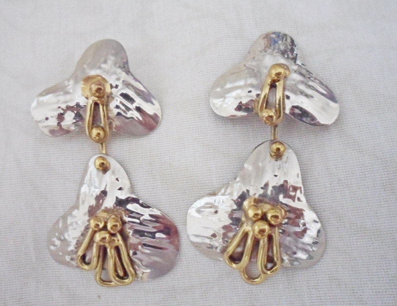 Modernist Designer JOSEPH BORIS Mixed Metals Large clip-on Dangle EARRINGS