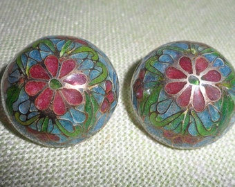 Vintage Large Chinese Plique A Jour Stained Glass Cloisonne Pierced 1"  Earrings