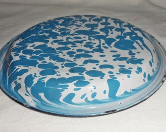 Vintage Blue Mottled Enamel Ware 8" Shallow Pan